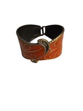 Orange Enamel Gold Tone Cuff Bracelet Clear Rhinestones Hinged